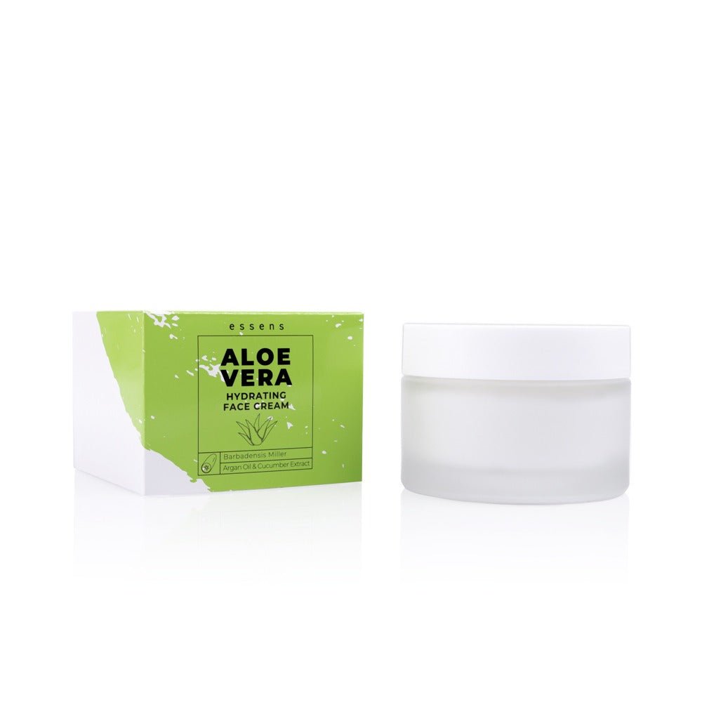 Tarro de crema facial con aloe vera junto a su caja original, envase de diseño limpio y natural para hidratación profunda y efecto calmante en la piel.