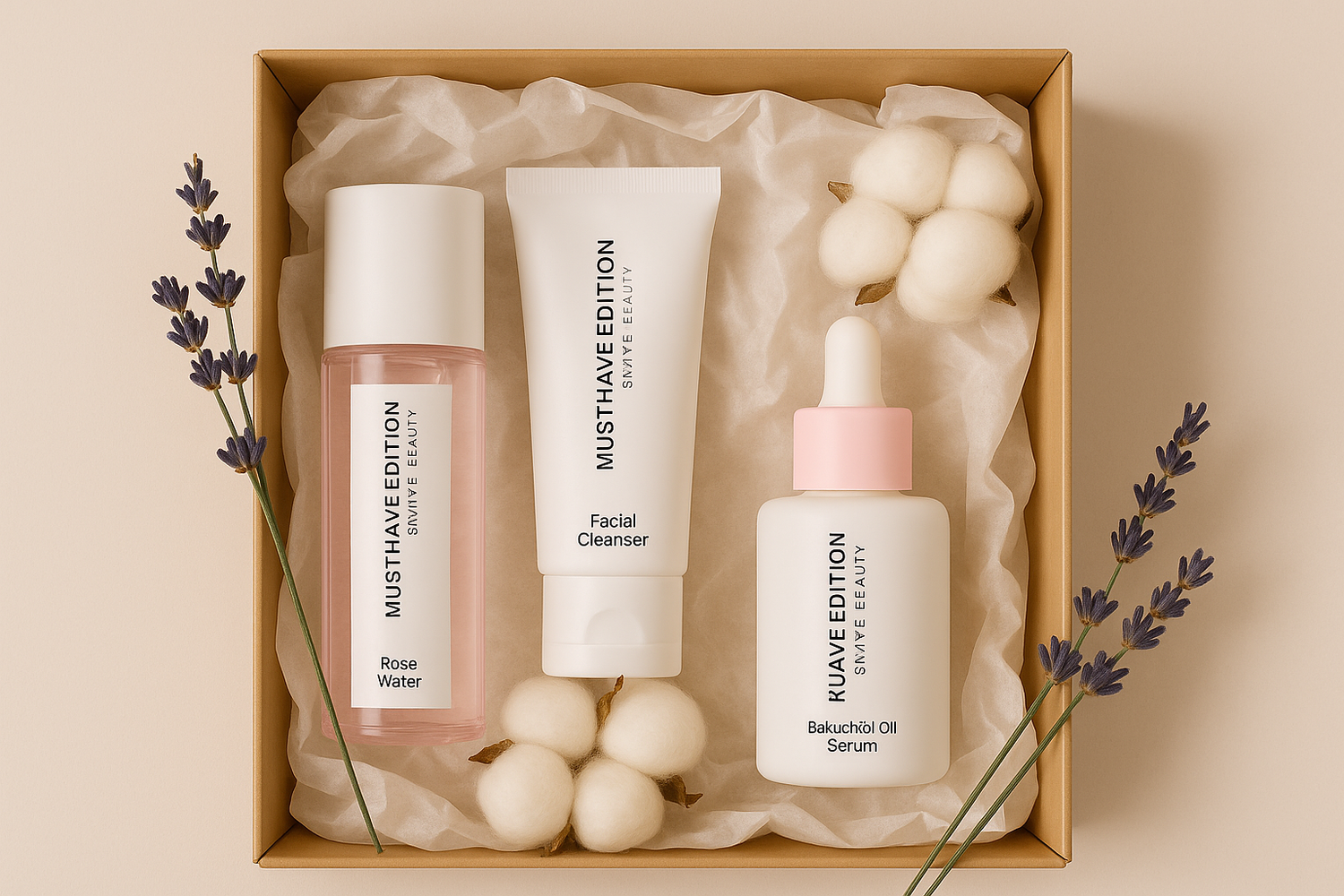 Pack rutina básica facial con agua de rosas, cepillo limpiador y sérum de bakuchiol