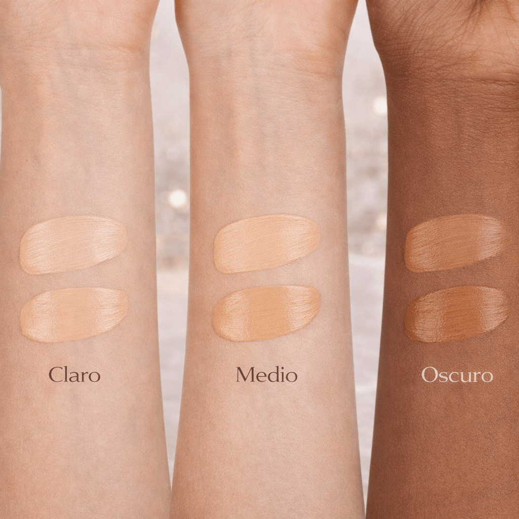 Swatches de la base de maquillaje Essens mostrando los diferentes tonos disponibles sobre la piel