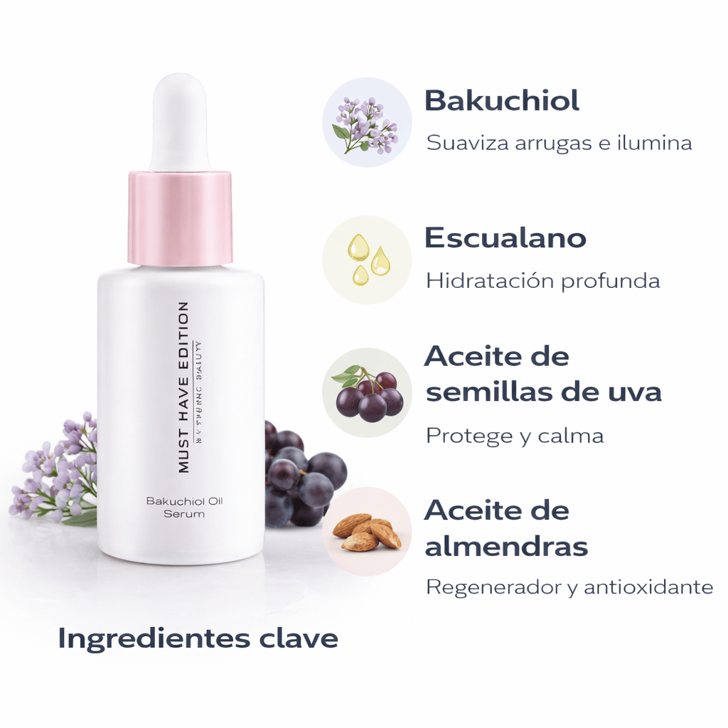 Ingredientes del serum facial con bakuchiol ESSENS, alternativa vegetal al retinol con efecto antiedad suave.
