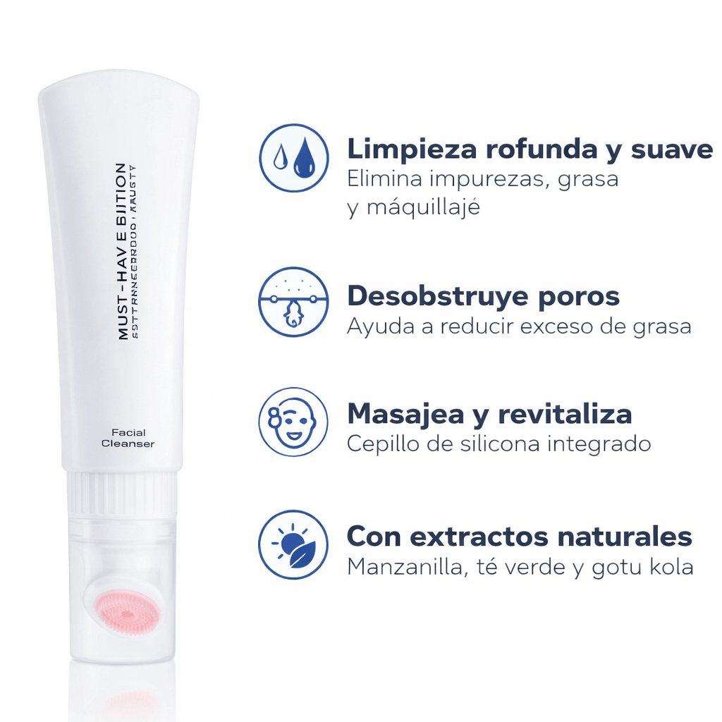 Gel limpiador facial 2 en 1 que limpia profundamente, exfolia suavemente y deja la piel suave y revitalizada.