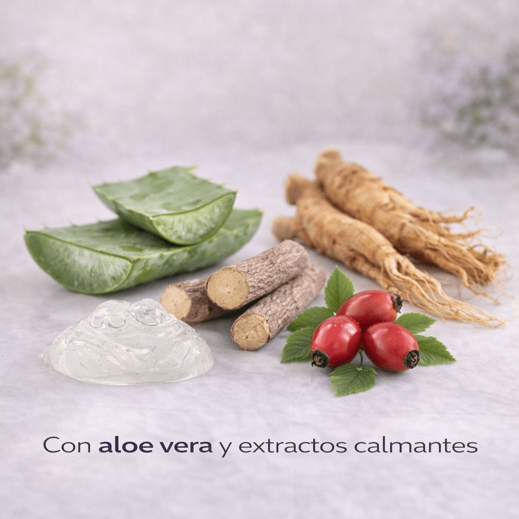 Ingredientes de la mascarilla facial calmante en tissu ESSENS, formulada con activos hidratantes y calmantes para el cuidado de la piel.
