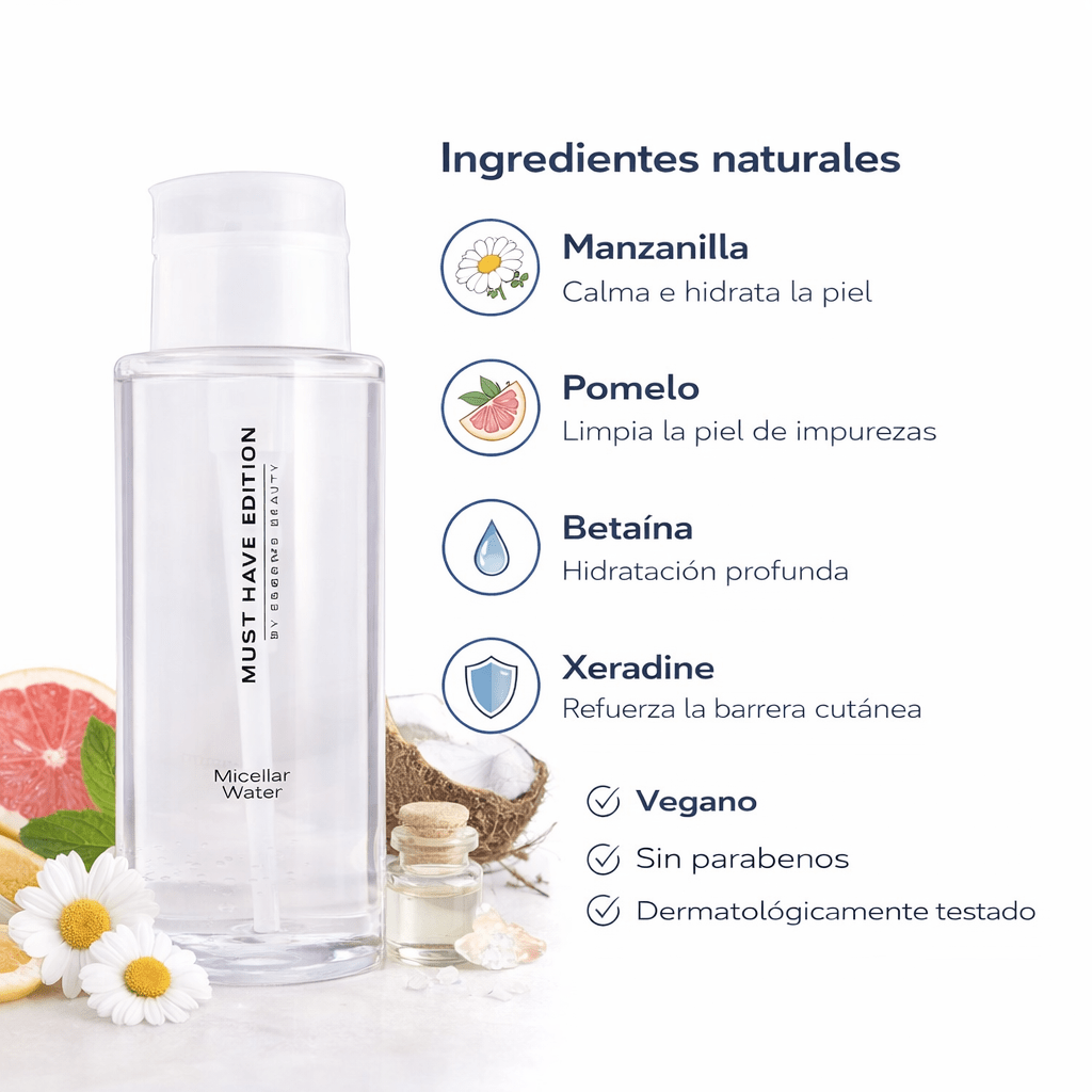 Ingredientes del agua micelar hidratante ESSENS formulada para limpiar suavemente y cuidar la piel sensible.