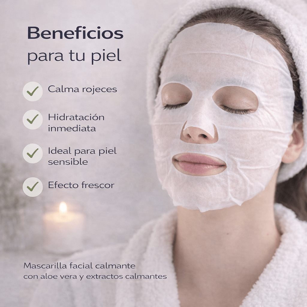 Beneficios de la mascarilla facial calmante en tissu ESSENS: hidratación profunda, alivio inmediato y sensación de confort en la piel.