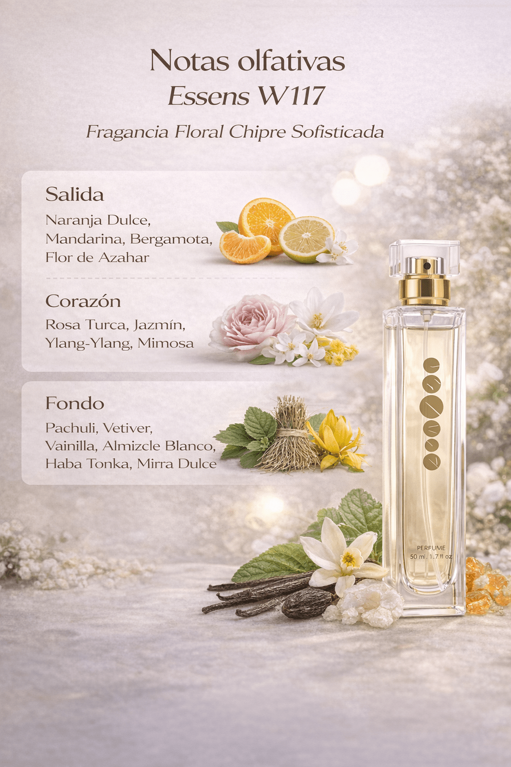 Pirámide olfativa del perfume Essens W117 con notas florales, fondo cálido y femenino