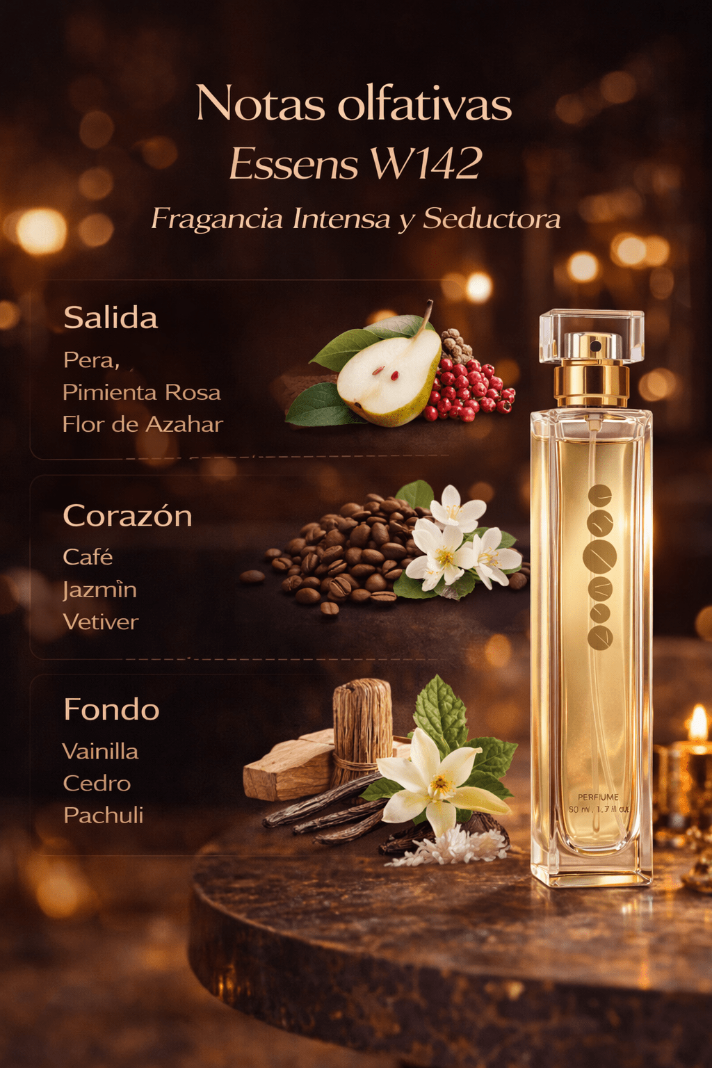 Notas del perfume Essens W142 con pera, pimienta rosa, café, jazmín, vainilla y pachuli