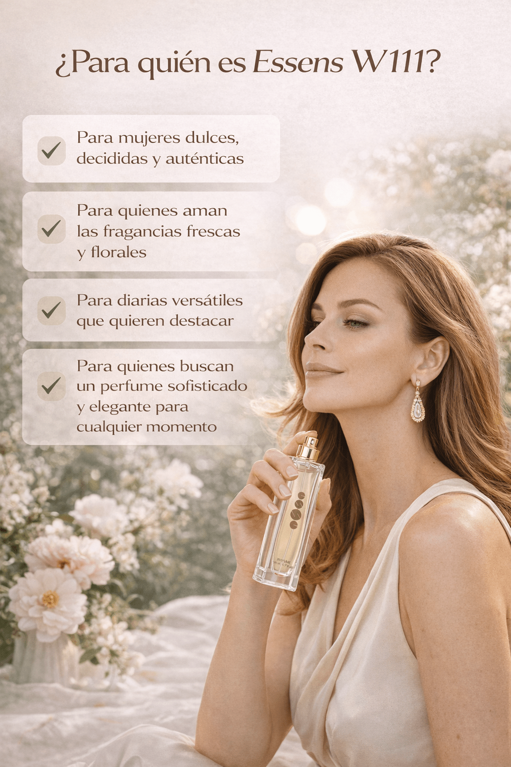 Perfume Essens W111 ideal para mujeres que buscan frescura, feminidad y elegancia diaria
