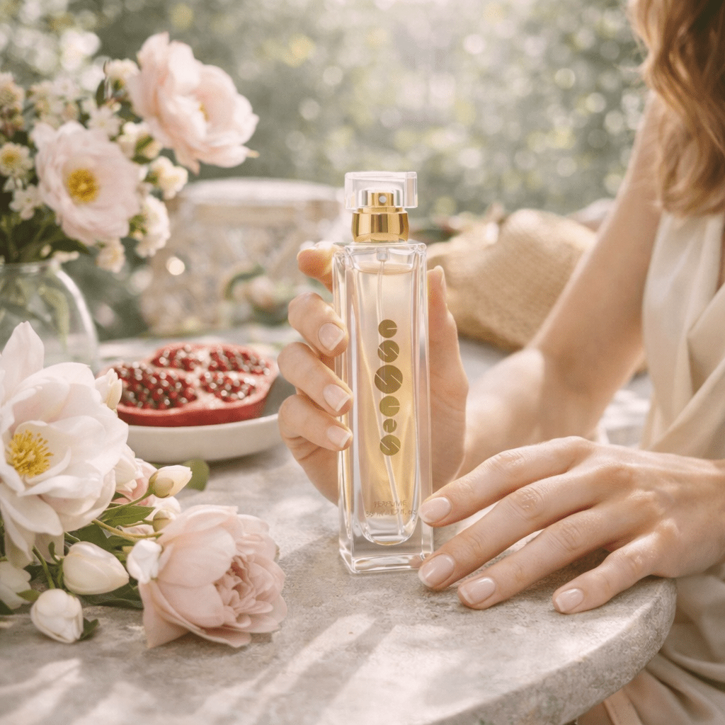 Perfume de mujer Essens W111 en un entorno lifestyle luminoso, ideal para uso diario y primavera