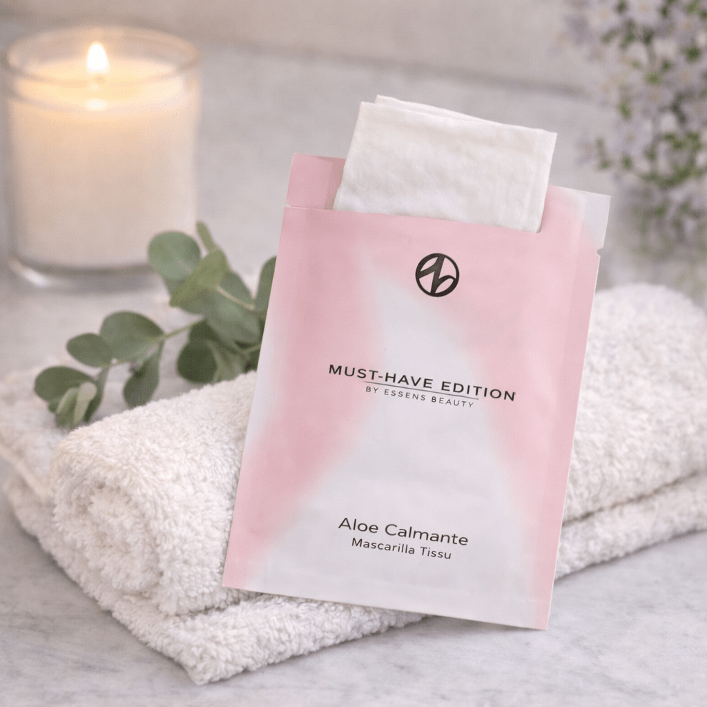 Mascarilla facial calmante ESSENS integrada en una rutina de cuidado facial, creando un ambiente relajante tipo spa en casa.