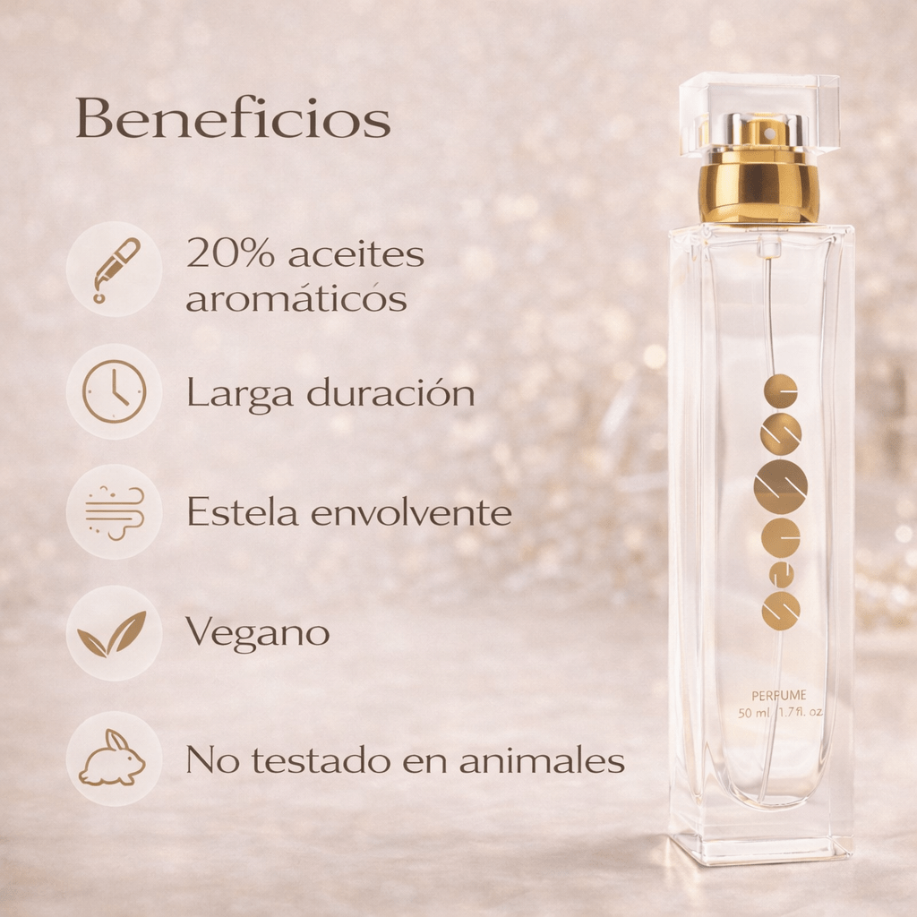 Beneficios del perfume Essens W151: fragancia floral elegante, 20% de esencias aromáticas y larga duración.