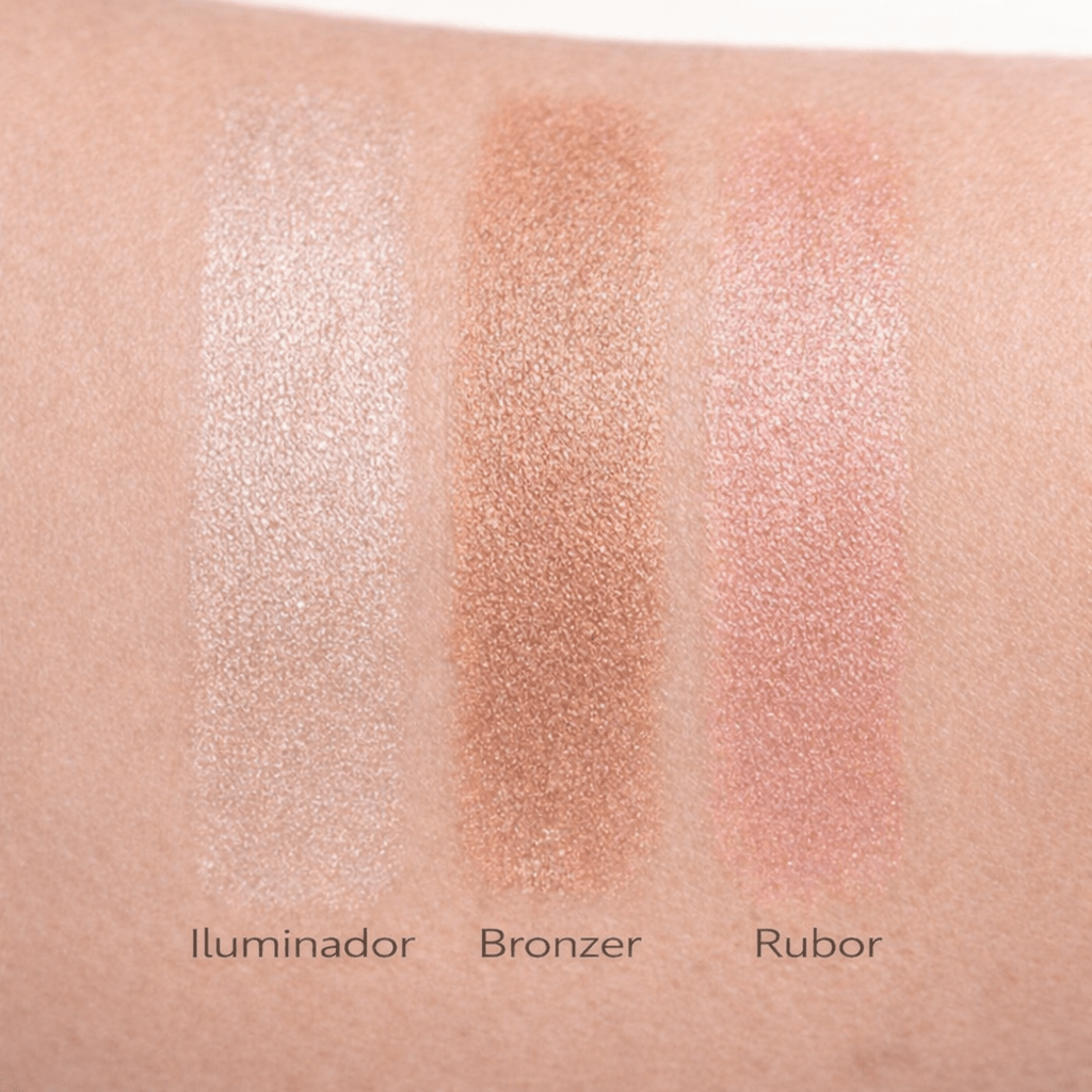 Swatches de la paleta iluminadora Essens mostrando su acabado glow en la piel