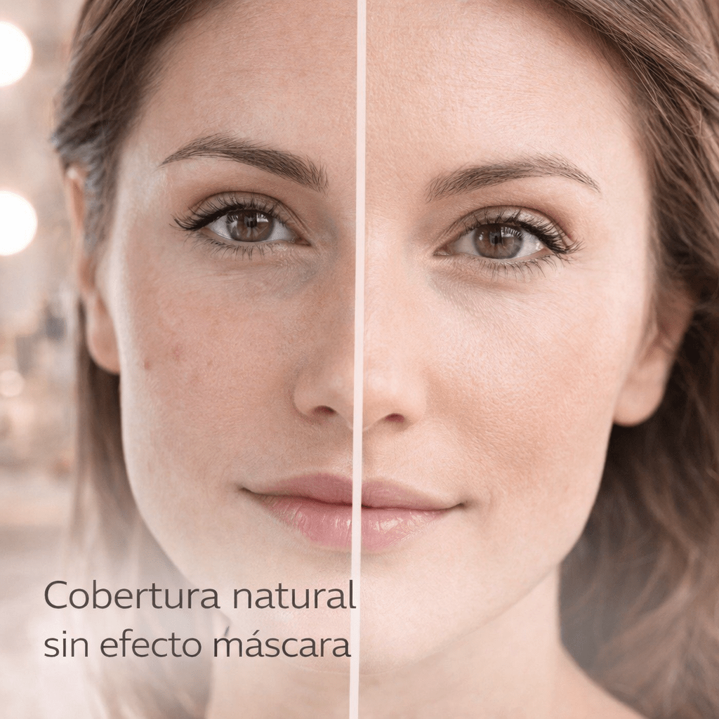 Resultado final de la base de maquillaje Essens con piel lisa, natural, luminosa y confortable durante todo el día